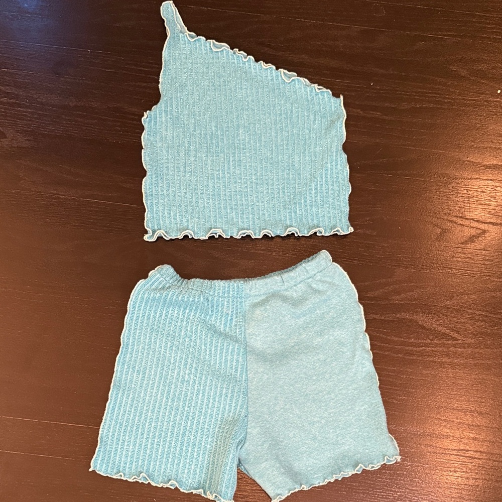 Light Blue Ribbed One-Shoulder Top and Shorts Set